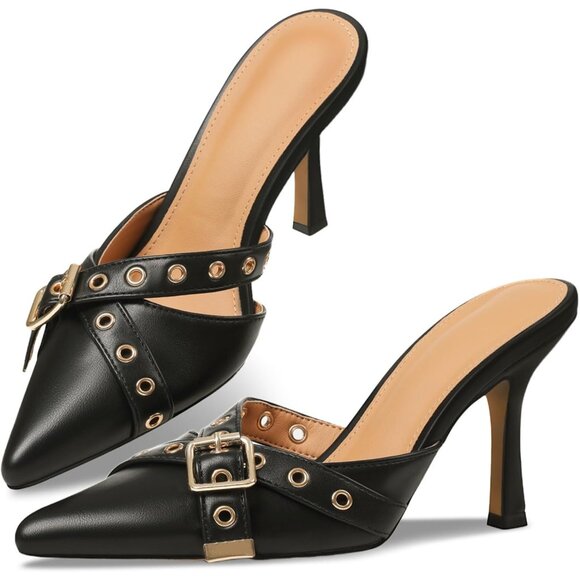 🆕Slingback Kitten Heel Women Black Polyurethane Studded Closed Pointed Toe Pump - Picture 1 of 8